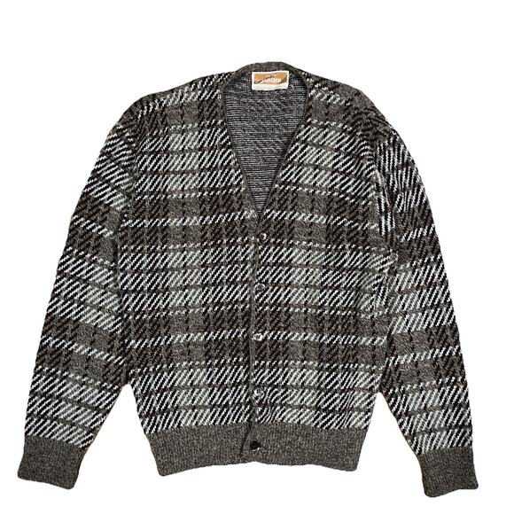 Vintage Jantzen Orlon Acrylic Brown Plaid Cardigan Sweater Medium USA Grandpa - Picture 1 of 7